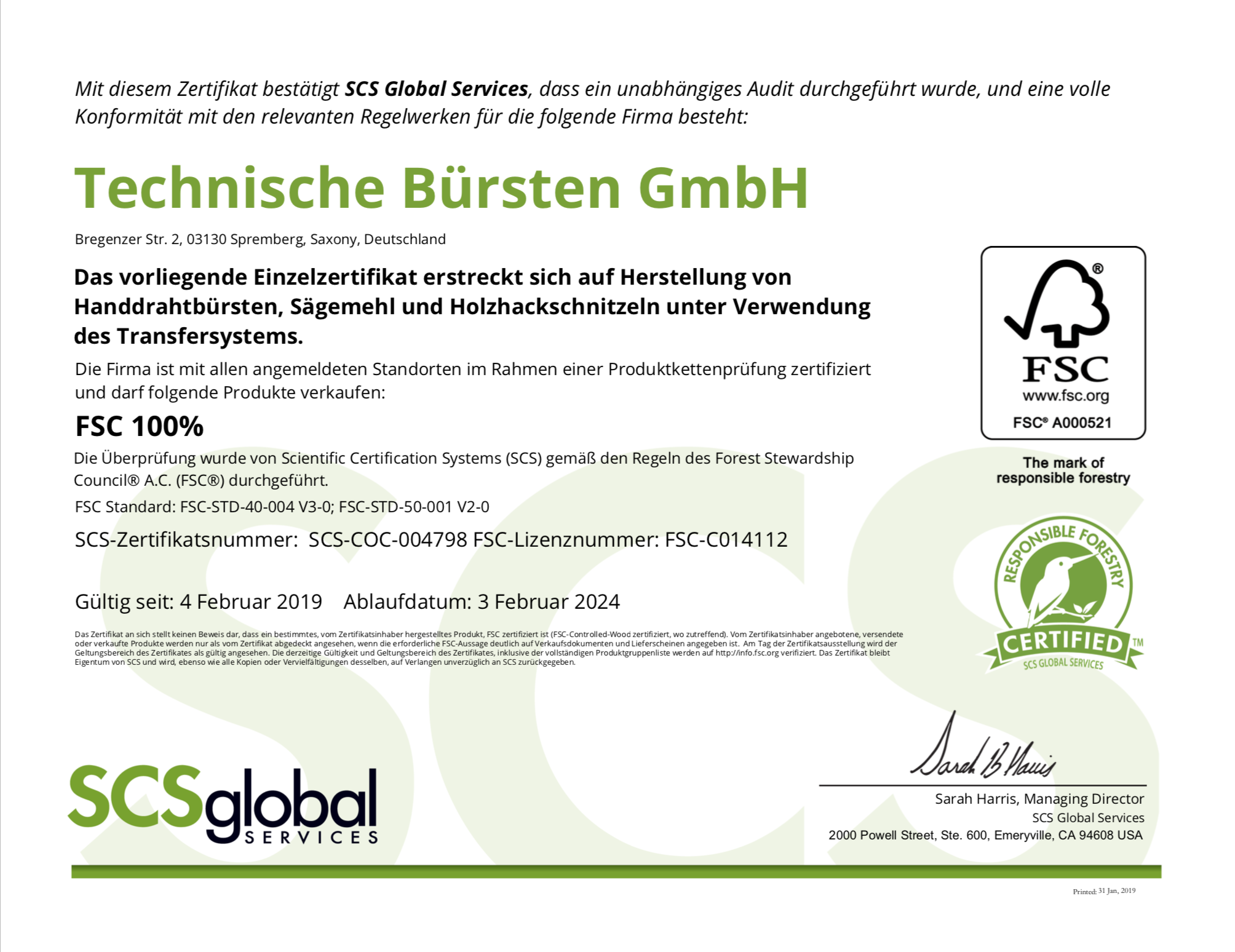 Die Technische Bürsten GmbH erhält erneut ein FSC Zertifikat